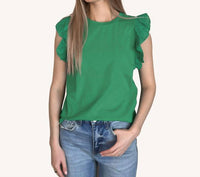 Shiying Fashion - Embroidered Ruffled Sleeve Crew Neck Top