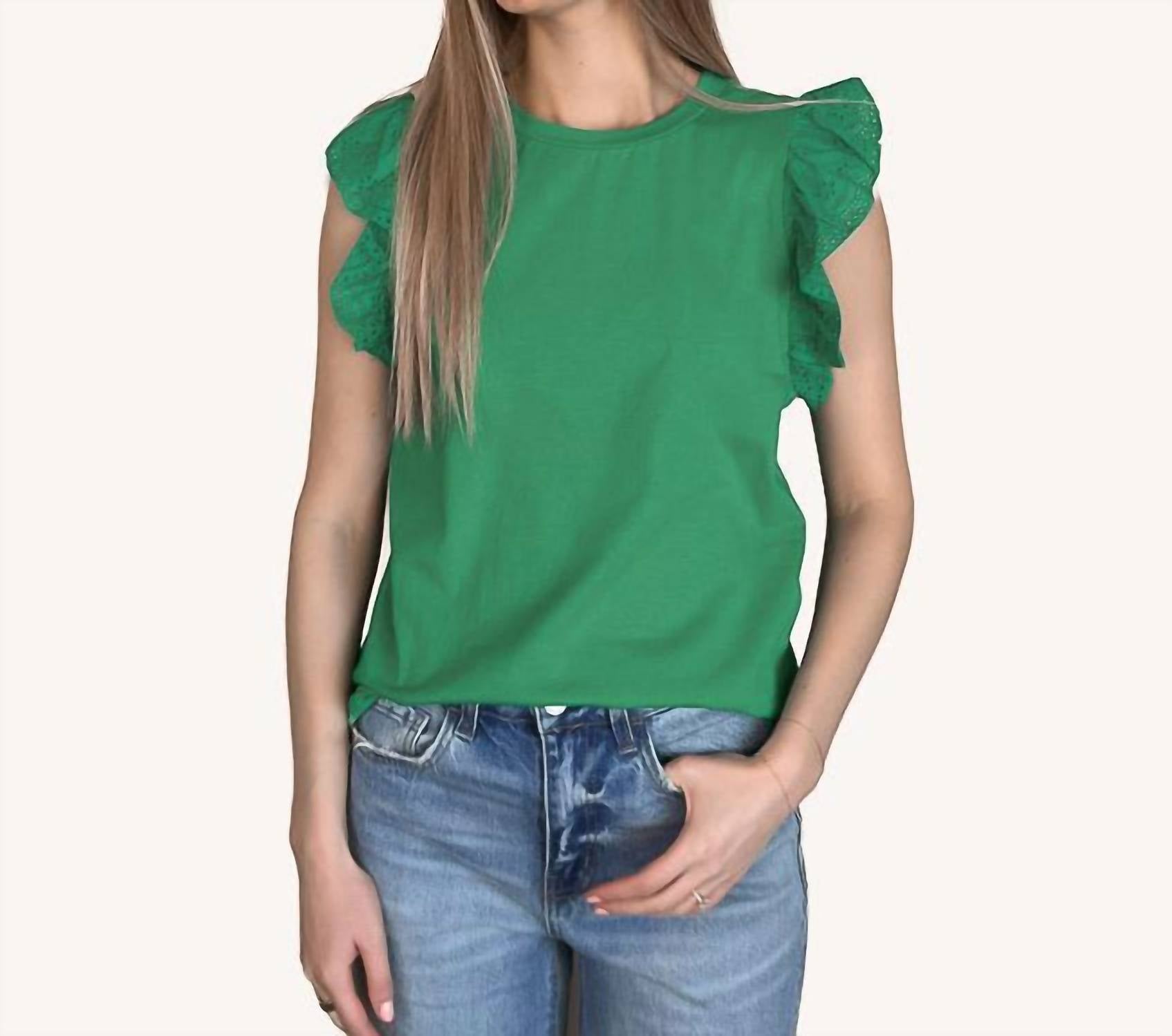 Shiying Fashion - Embroidered Ruffled Sleeve Crew Neck Top