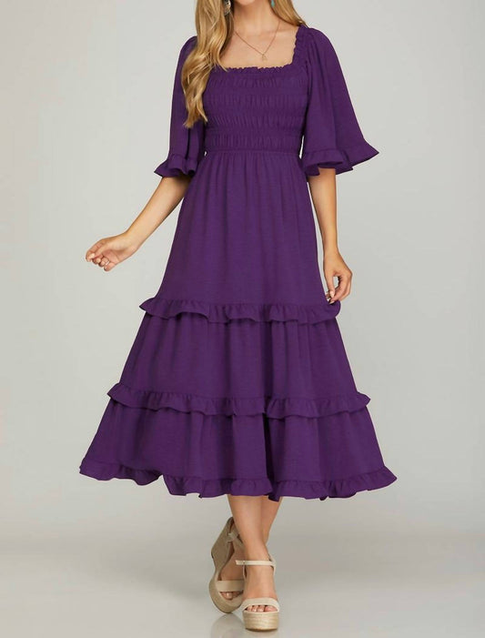 She + Sky - Bell Sleeve Square Neck Smocked Tiered Midi Dress