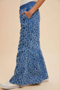 Anniewear - Flower Chenille Denim Palazzo Pant