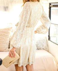 Vine & Love - Long Balloon Sleeve Tie Waist Sequin Dress