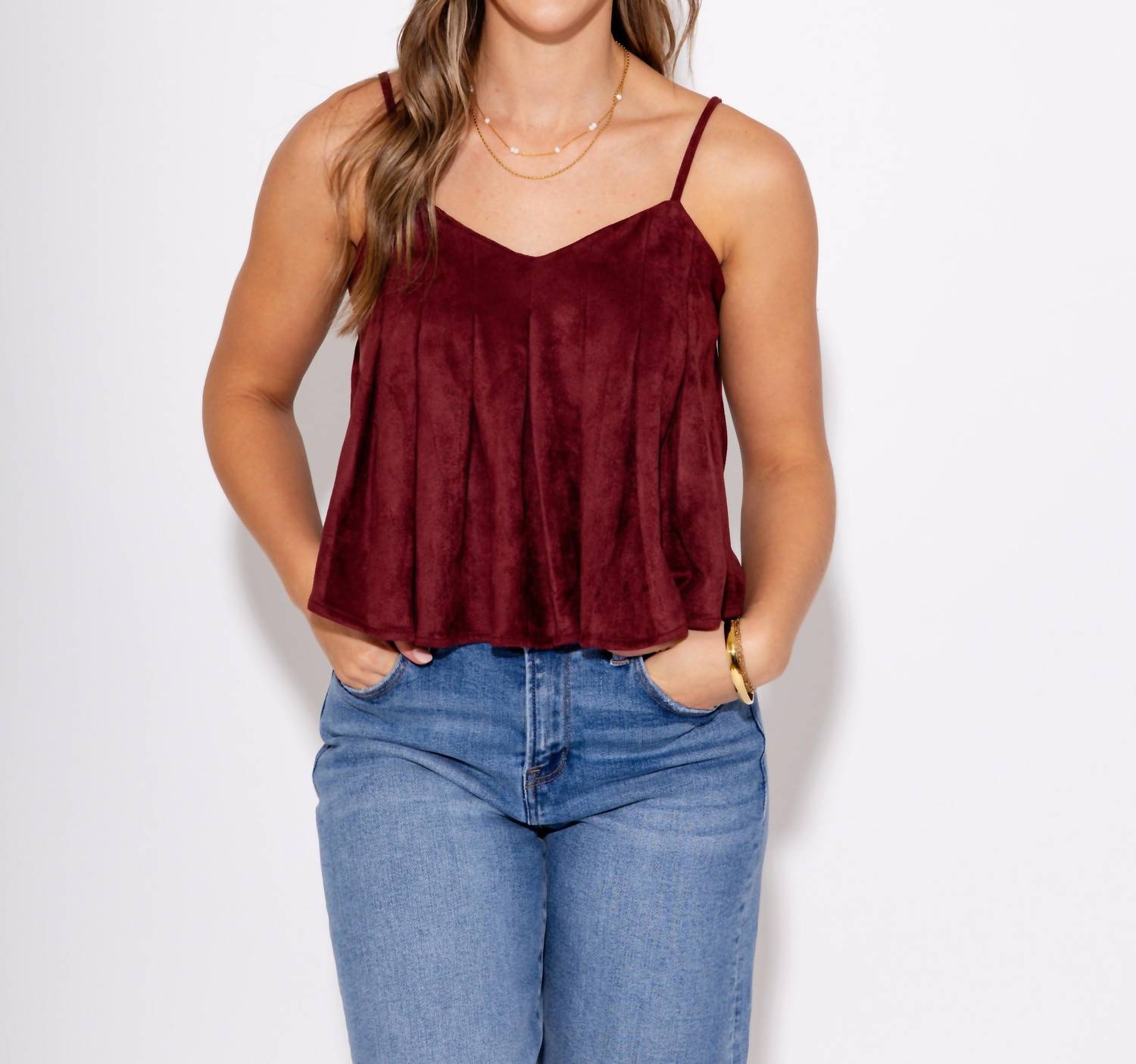 THML Pleated Luxe Tank Top in wine - women's tank top