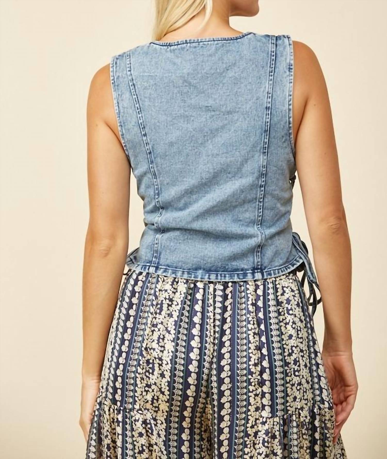 Wisteria Lane - Denim Vest Top With Lace Up Detail