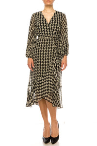 Maison Tara - Faux Wrap Houndstooth Print Midi Dress