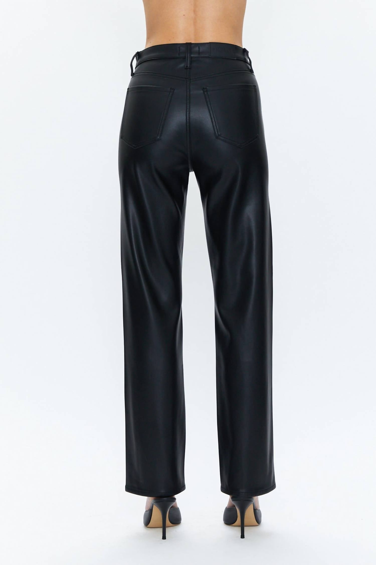 PISTOLA Cassie Faux Leather Super High Rise Straight Leg Pants in slate black - women's pants - detail view