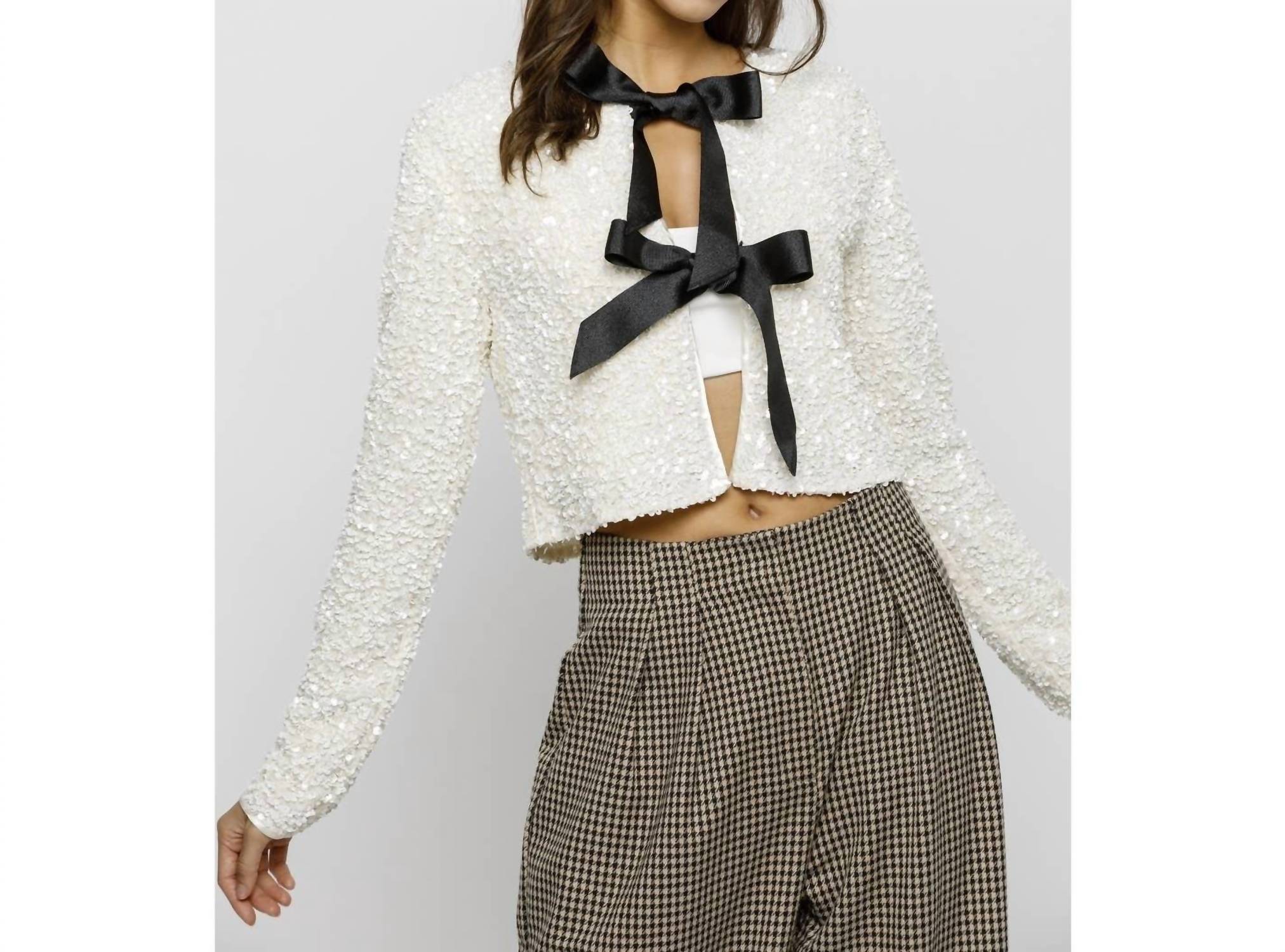 STORIA Solid Sequin Ribbon Bow Jacket in cream black - women's jacket - view 5