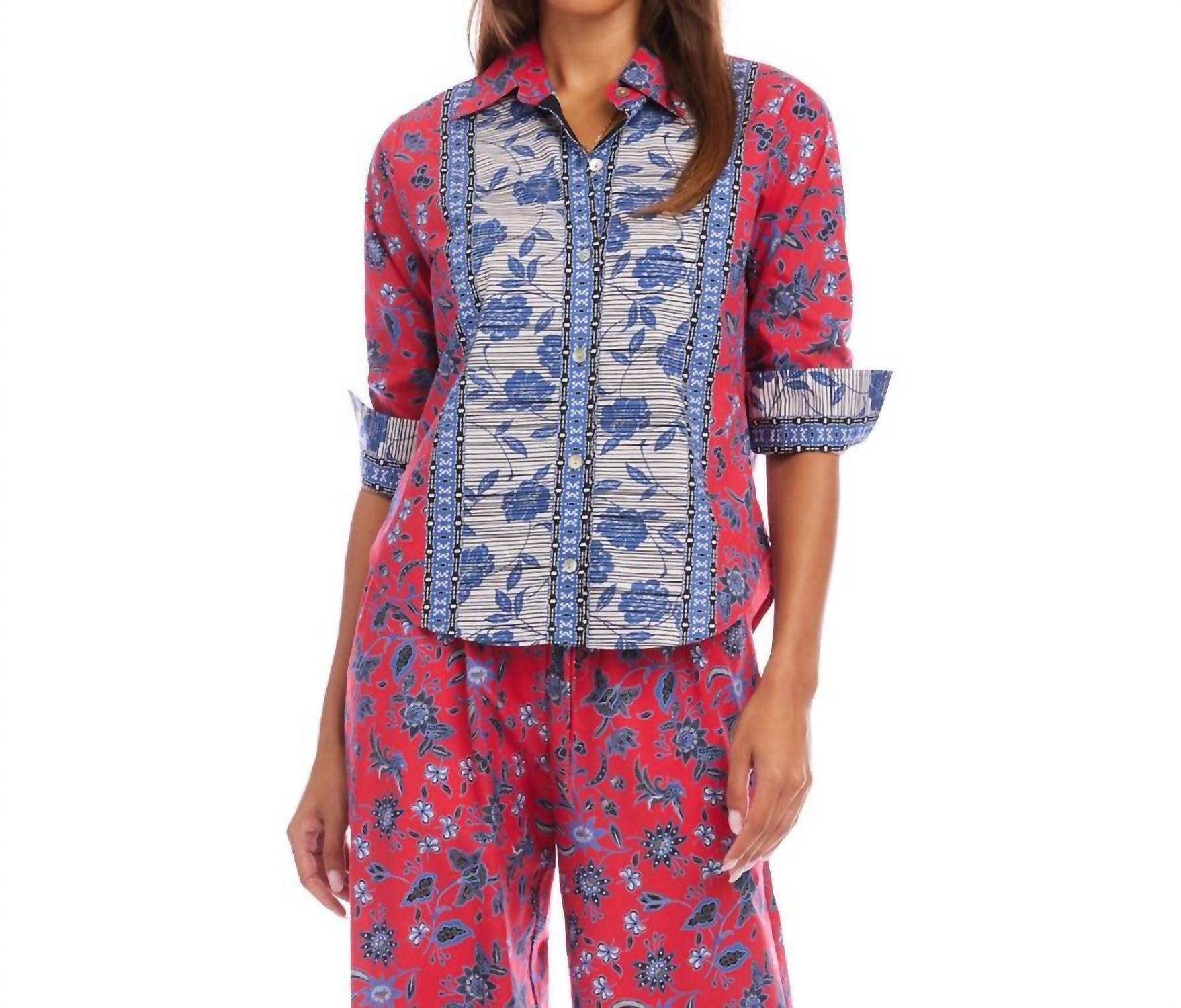 Karen Kane - Ruched Sleeve Border Print Shirt