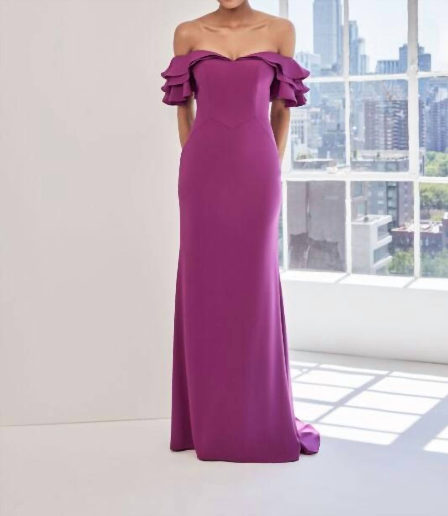 MGNY Layered Ruffle Sleeve Off-the-shoulder Dress in mulberry - women's dress