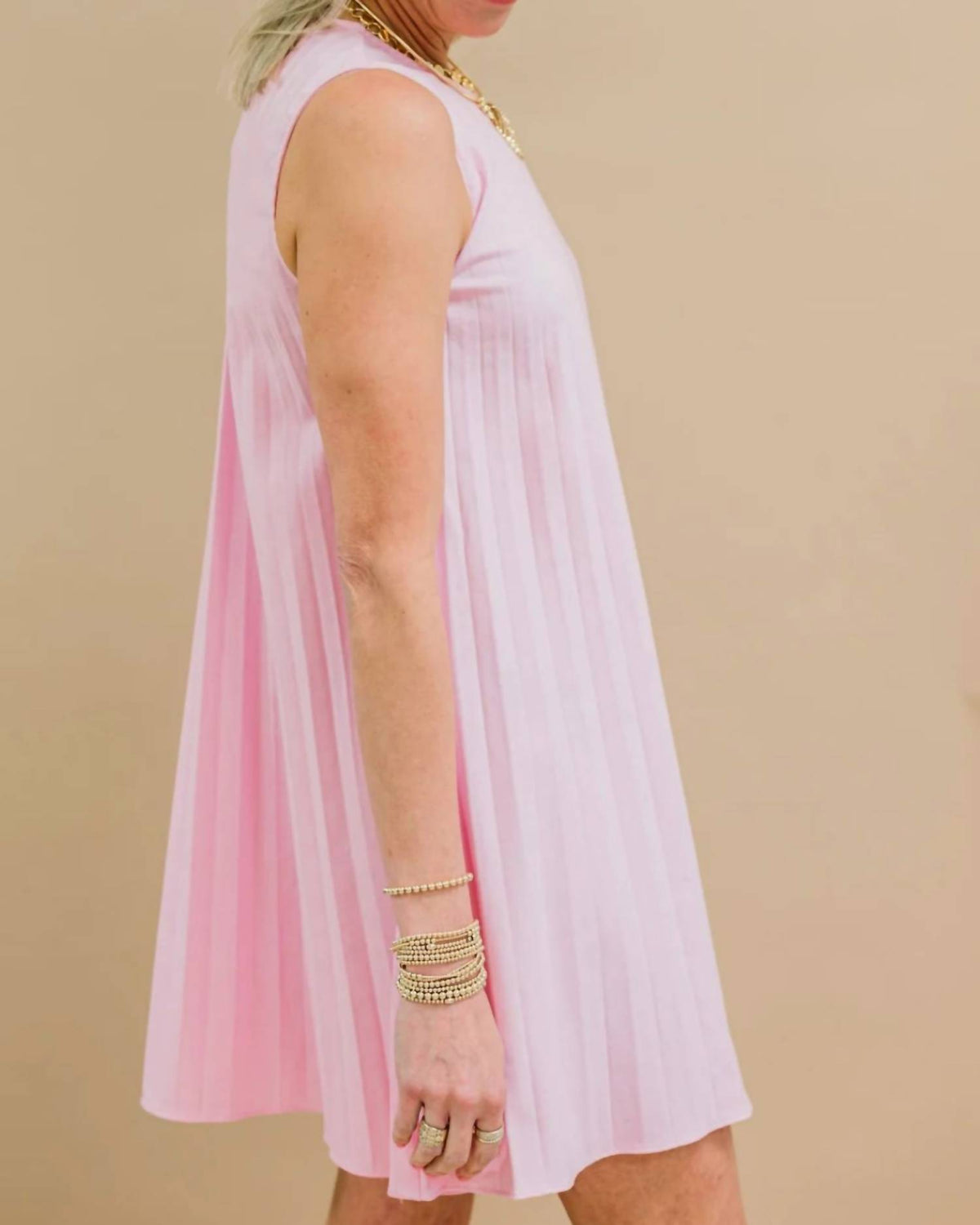 ABLE Pleated Mini Linen Dress in pink - women's dress - detail view