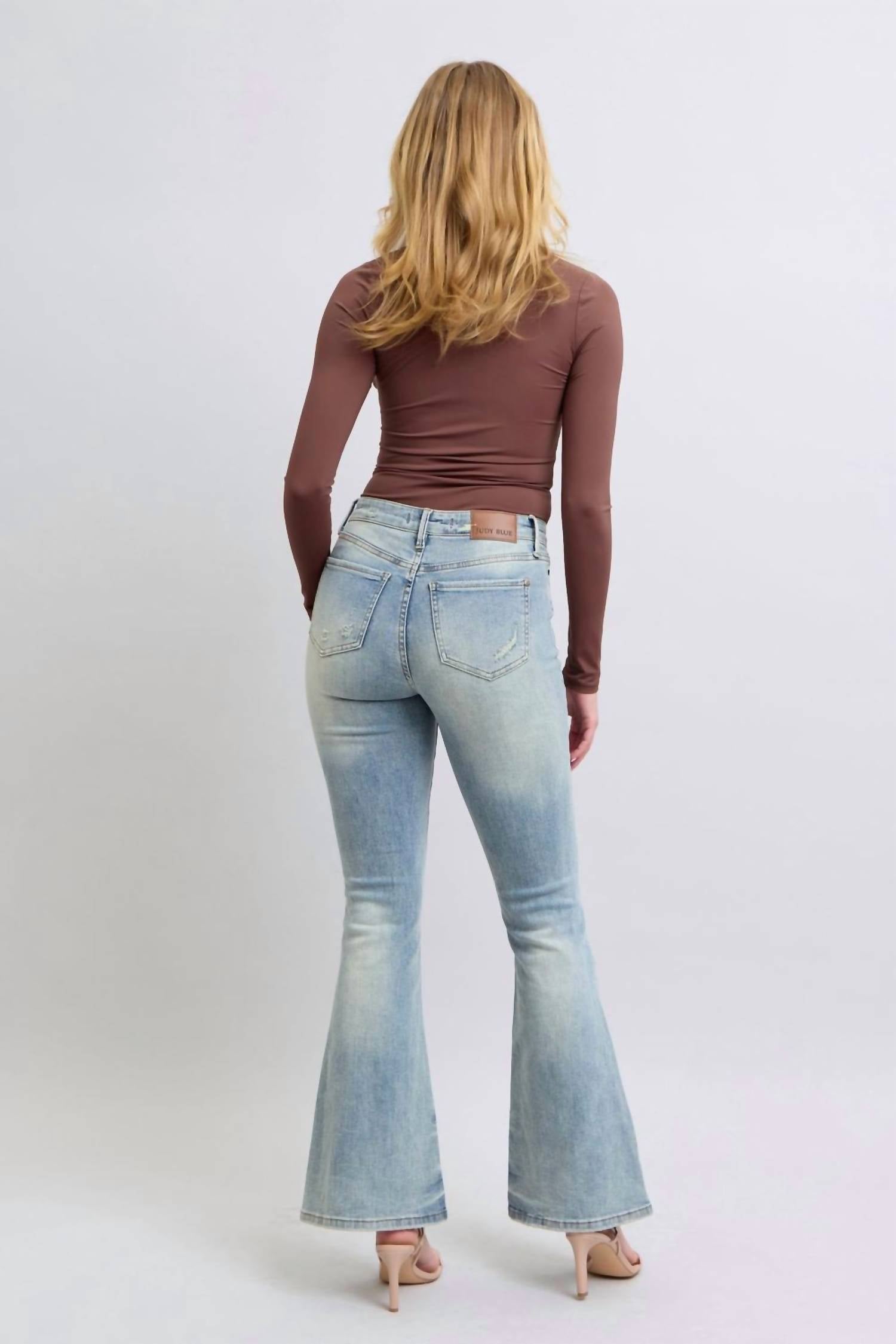 Judy Blue - Mid Rise Tinted Pin Tack Detail Flare Jeans