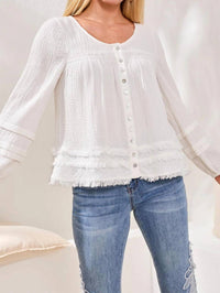 TRIBAL Cotton Gauze Balloon Sleeve Boho Blouse in white - women's blouse