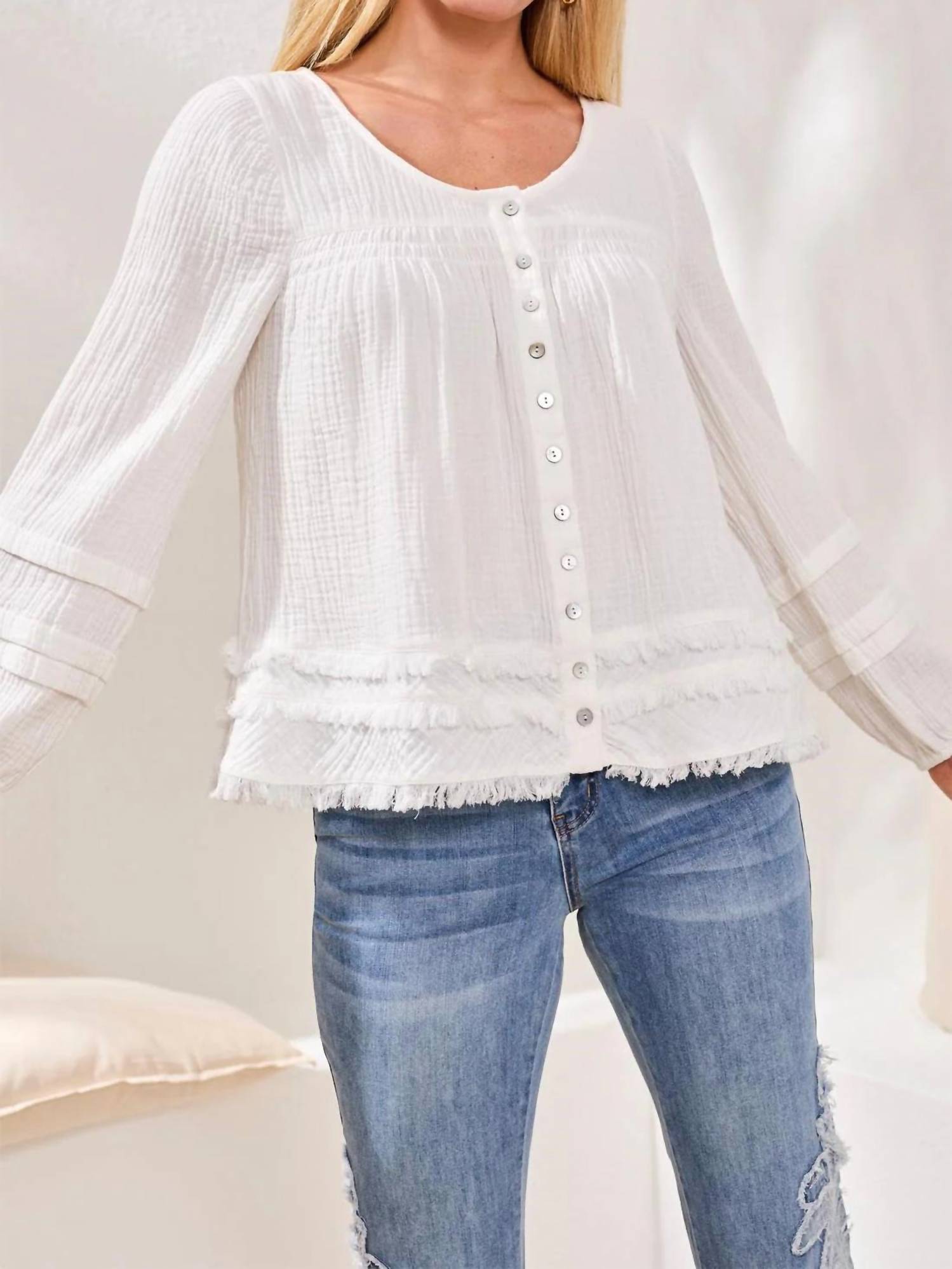 TRIBAL Cotton Gauze Balloon Sleeve Boho Blouse in white - women's blouse