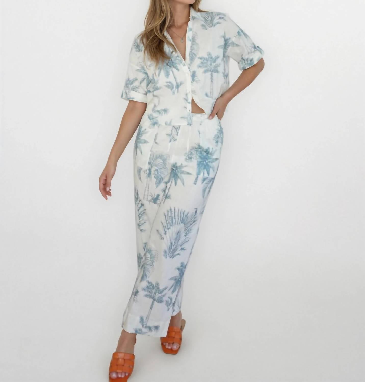 NIBI MTK Cali Cropped Shirt in faded teal palms - women's shirt