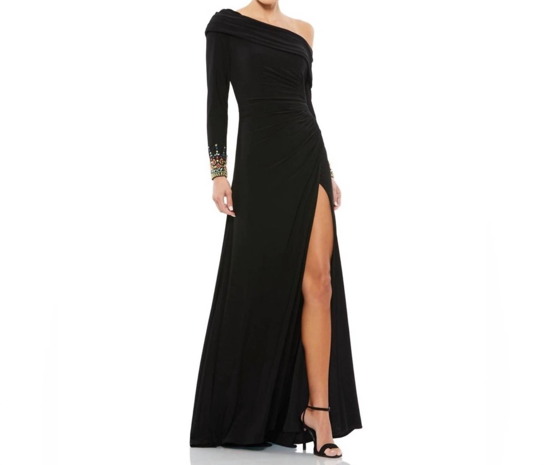 MAC DUGGAL Bead Cuff Drop Shoulder Gown in black - women's dress