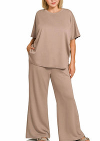 Zenana - Scuba Curved Hem Top And Pants Set