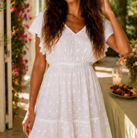Apricot - Sequin Embroidered Flower Ruffle Sleeve Dress