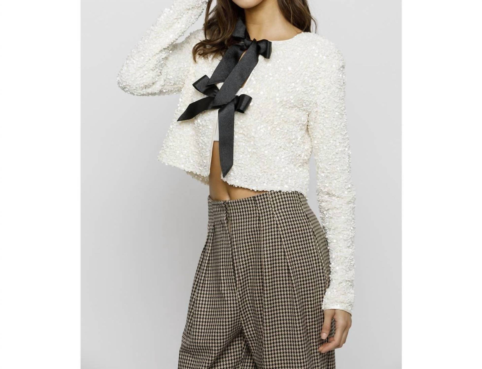 STORIA Solid Sequin Ribbon Bow Jacket in cream black - women's jacket - view 4