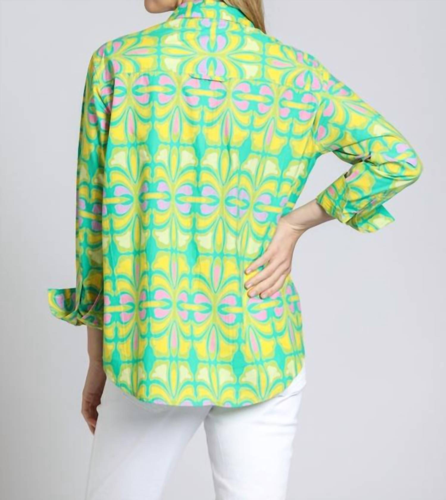 APNY Boyfriend Button-up Shirt in lime green multi - women's shirt - alternate view