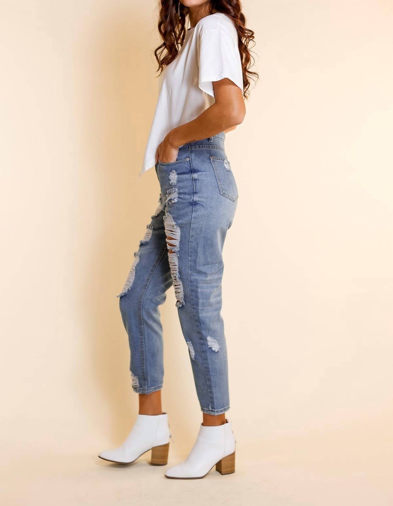 The Savannah Mid Rise Straight Fit Distressed Denim