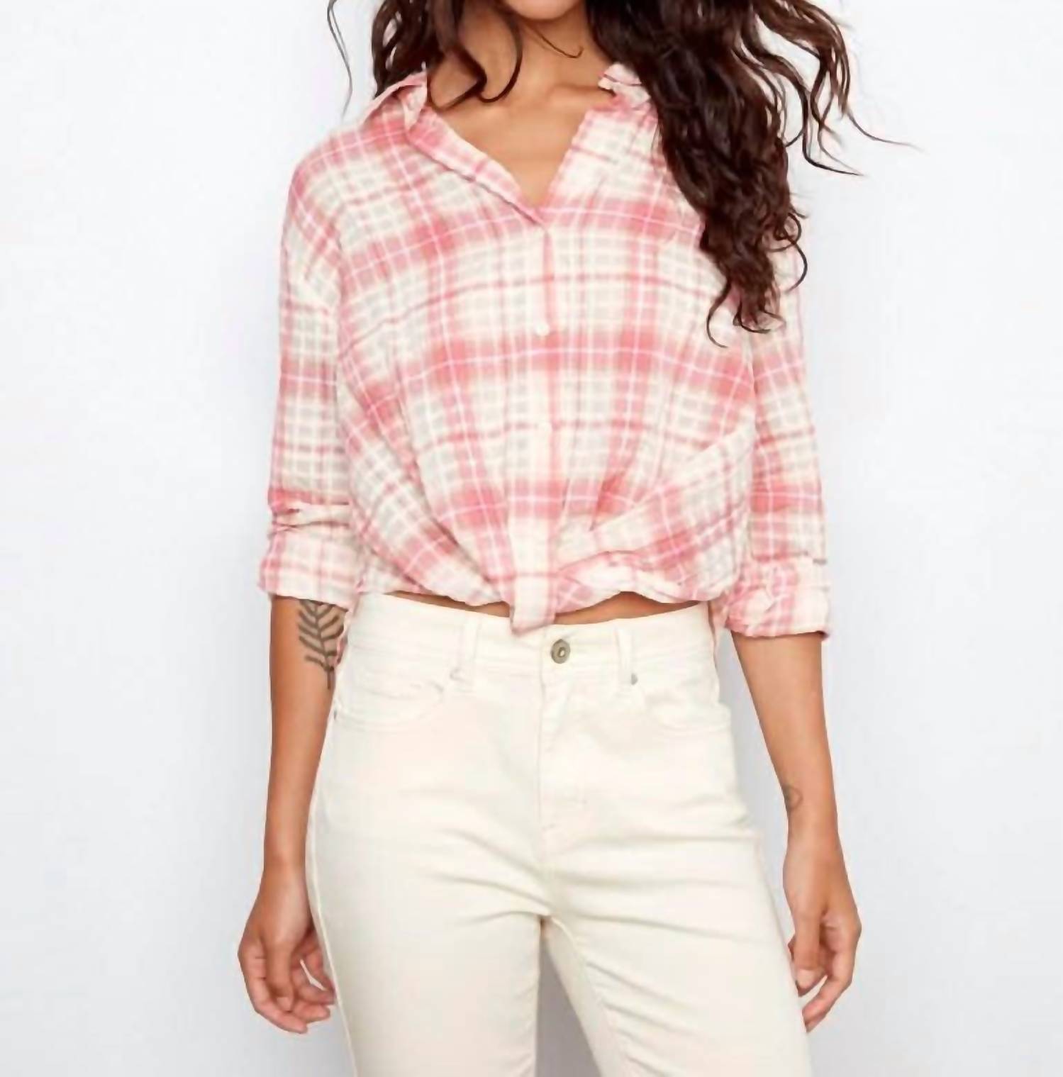 Charlie B - Plaid Printed Twist Blouse