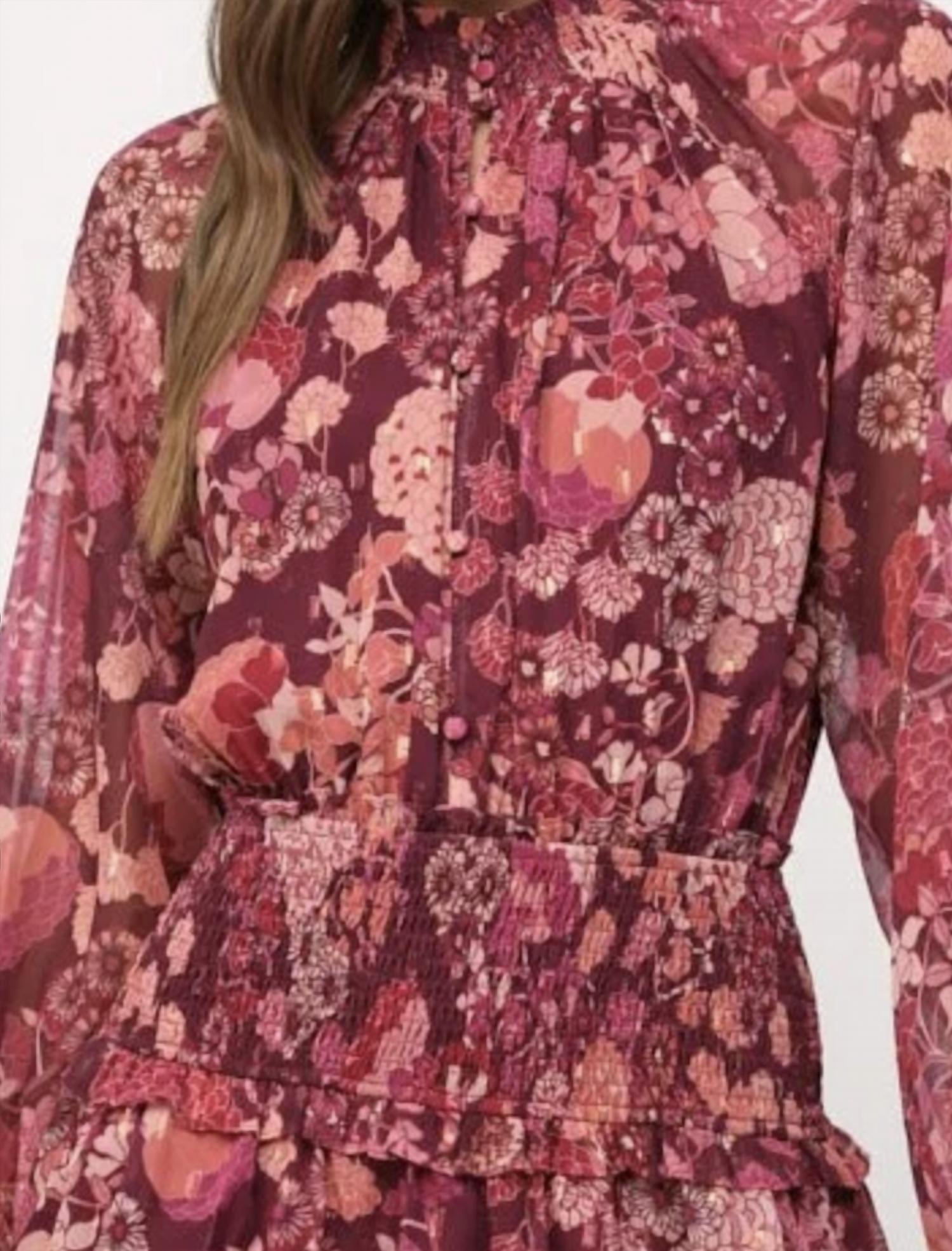 Fate Chiffon Floral Lurex Smocked Waist Dress in wine - women's dress - alternate view