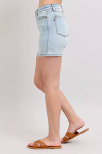 Judy Blue 2 Button Mid Length Dad Shorts in blue 1 - women's shorts - detail view