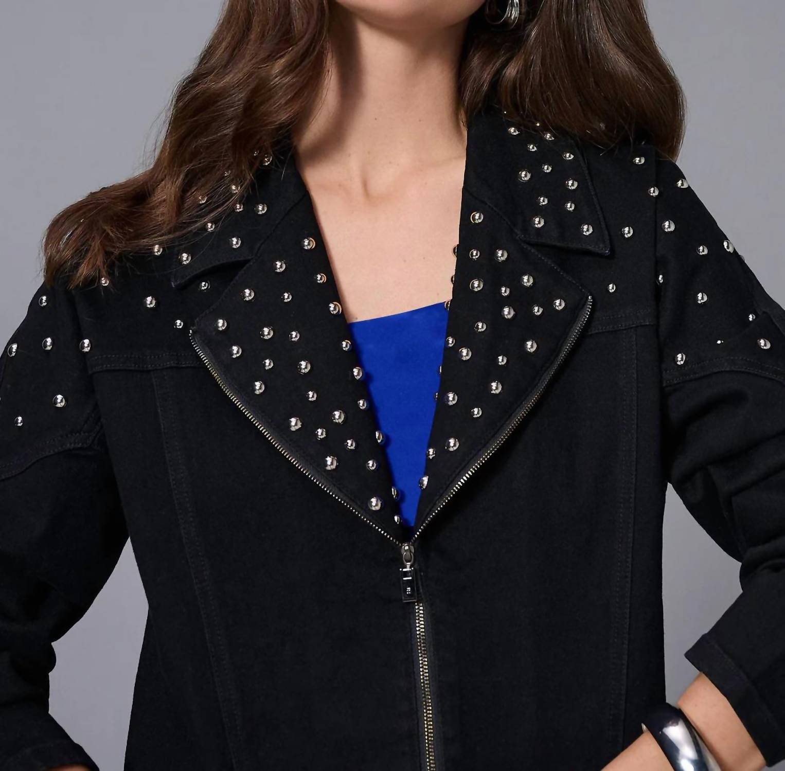Joseph Ribkoff - Studded Stretch Denim V-neck Jacket