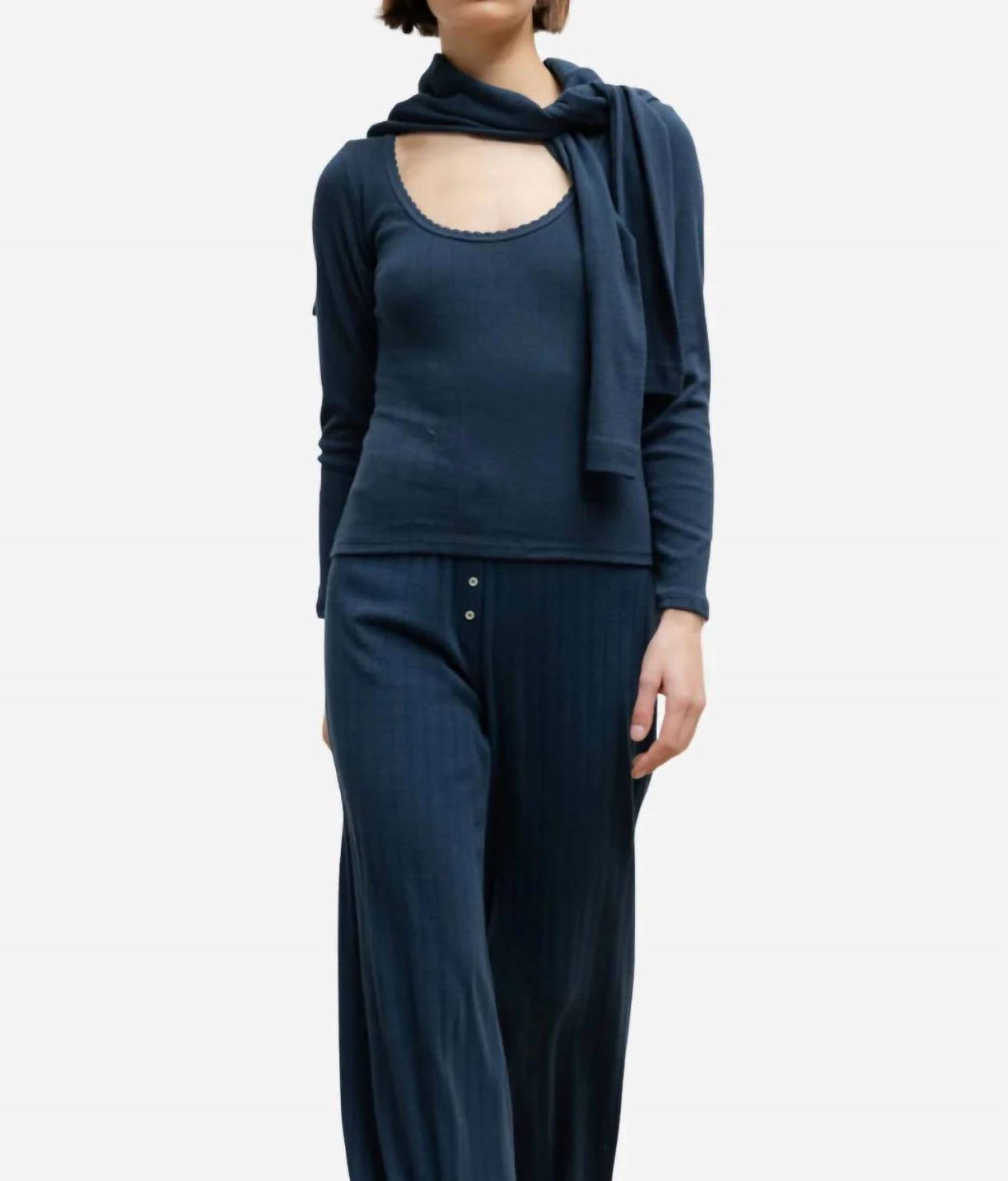 Leset - Pointelle Long-sleeve Scoop Neck Top