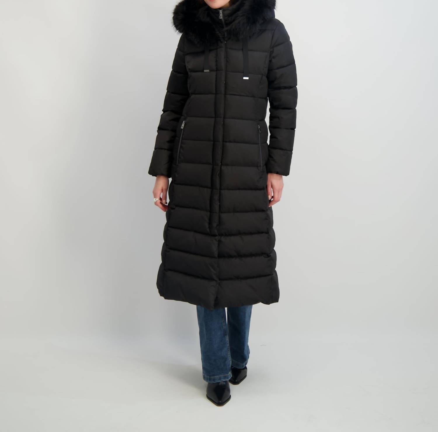 Tahari - Women's Phoebe Oversized Faux Fur Trim Maxi Coat