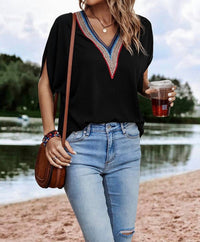 So Me - Contrast V Neck Batwing Sleeve Blouse