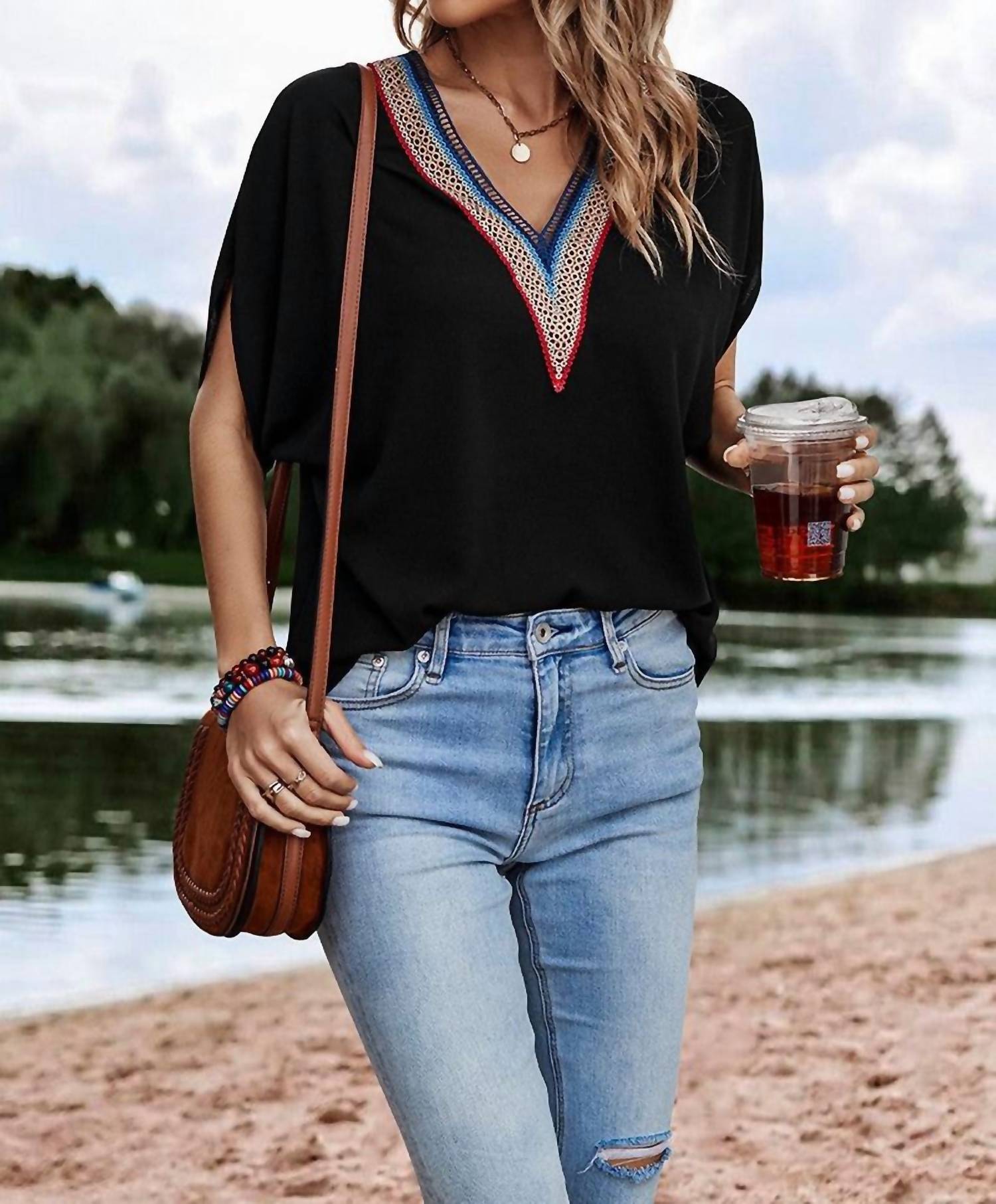 So Me - Contrast V Neck Batwing Sleeve Blouse