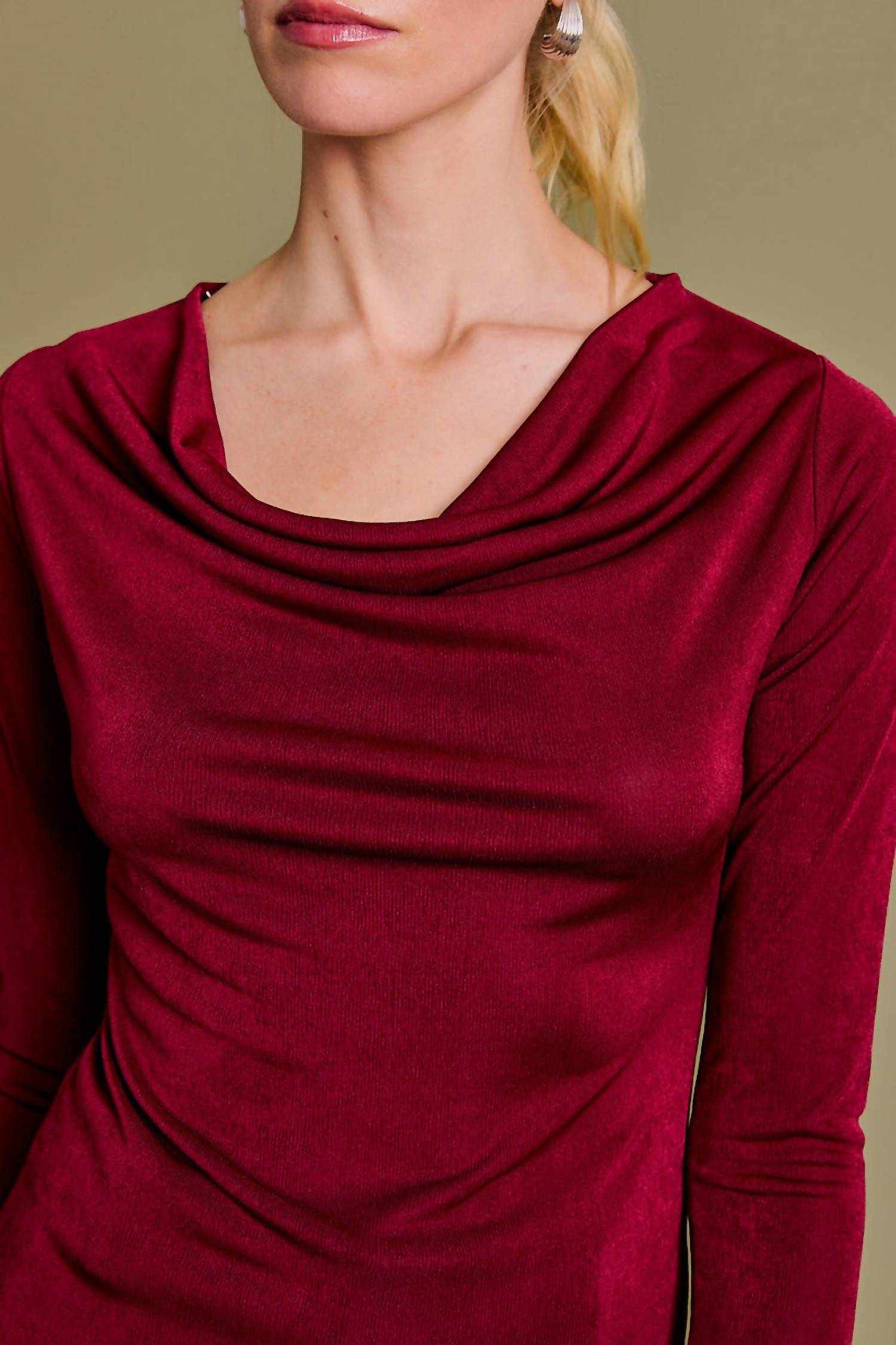 GILLI Scarlette Cowl Neck Top in burgundy - women's long sleeve top - alternate view