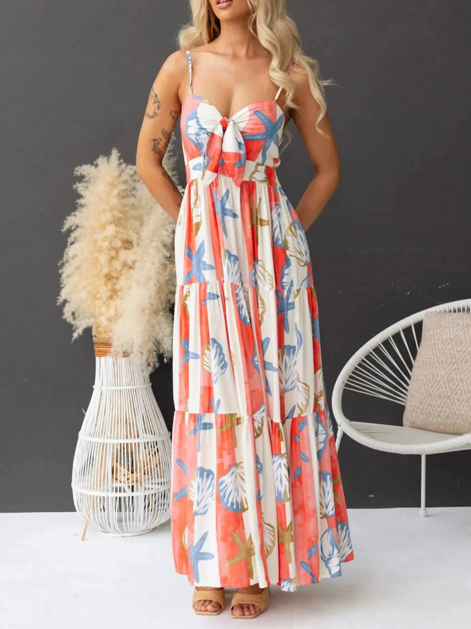 Trendsi - Printed Spaghetti Strap Maxi Dress with Pockets