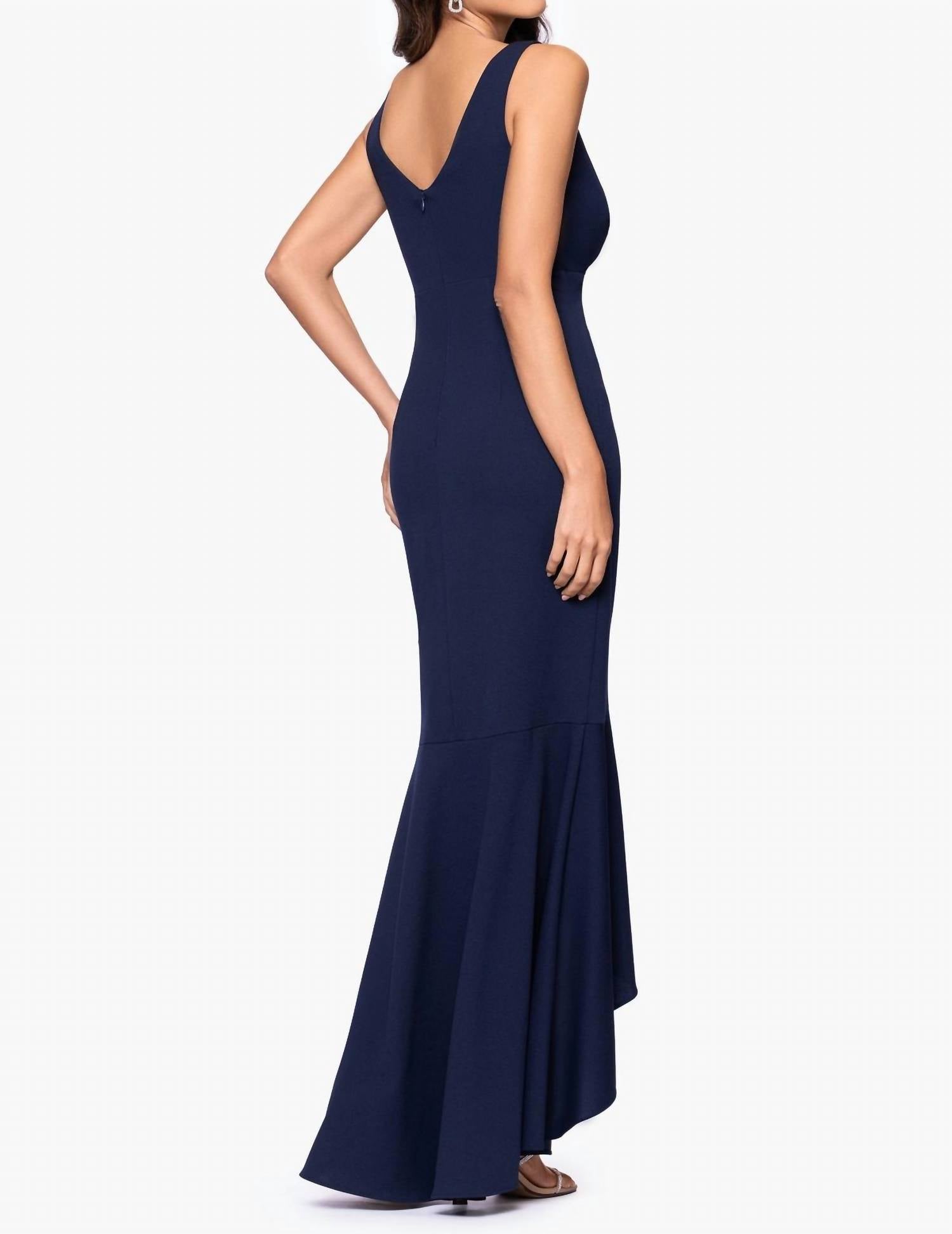Betsy & Adam - Candace Long V-neck Hi-low Cascade Maxi Dress