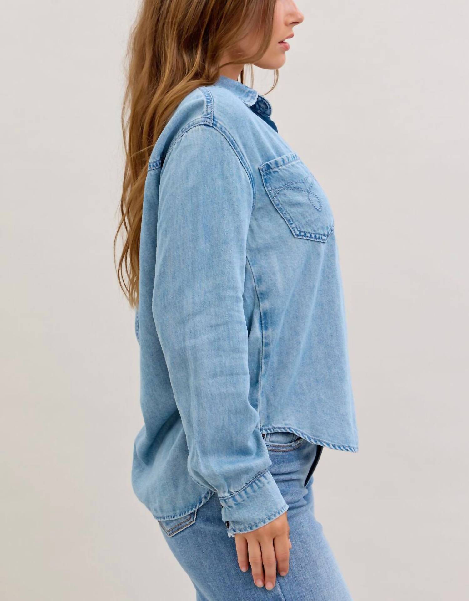 Judy Blue Denim Western Styling Shirt in blue - women's long sleeve top - detail view