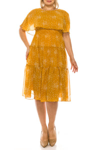 Maison Tara - Dot Print Sleeveless Cape Tiered A-line Midi Dress