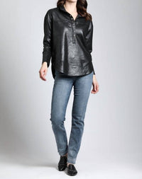 APNY Vegan Leather Henley Top With Grommet Details in black - women's blouse - view 4