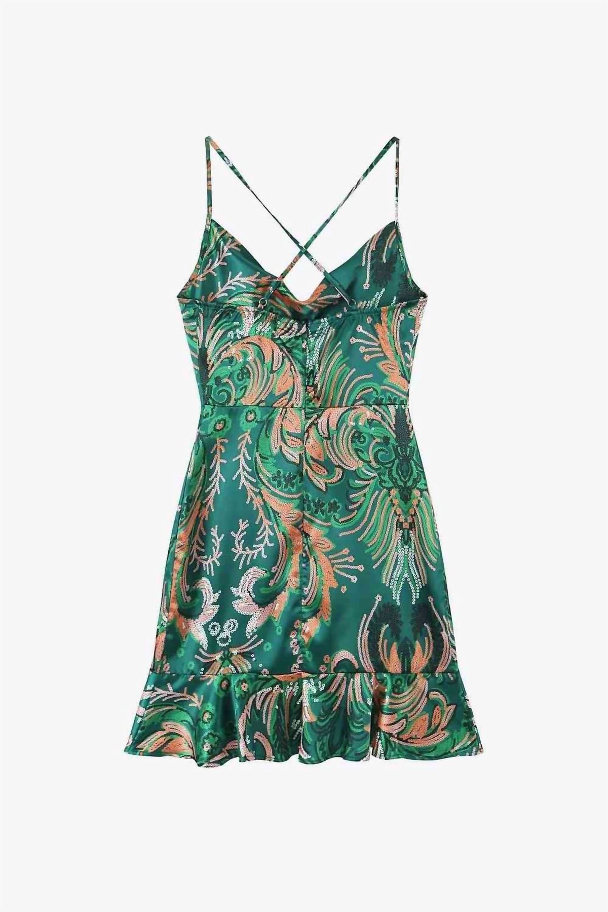 Trendsi - Women's Printed Cowl Neck Ruffle Hem Mini Dress
