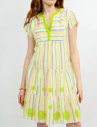 Uncle Frank Cap Sleeve Tiered Dress in lime stripe - women's dress
