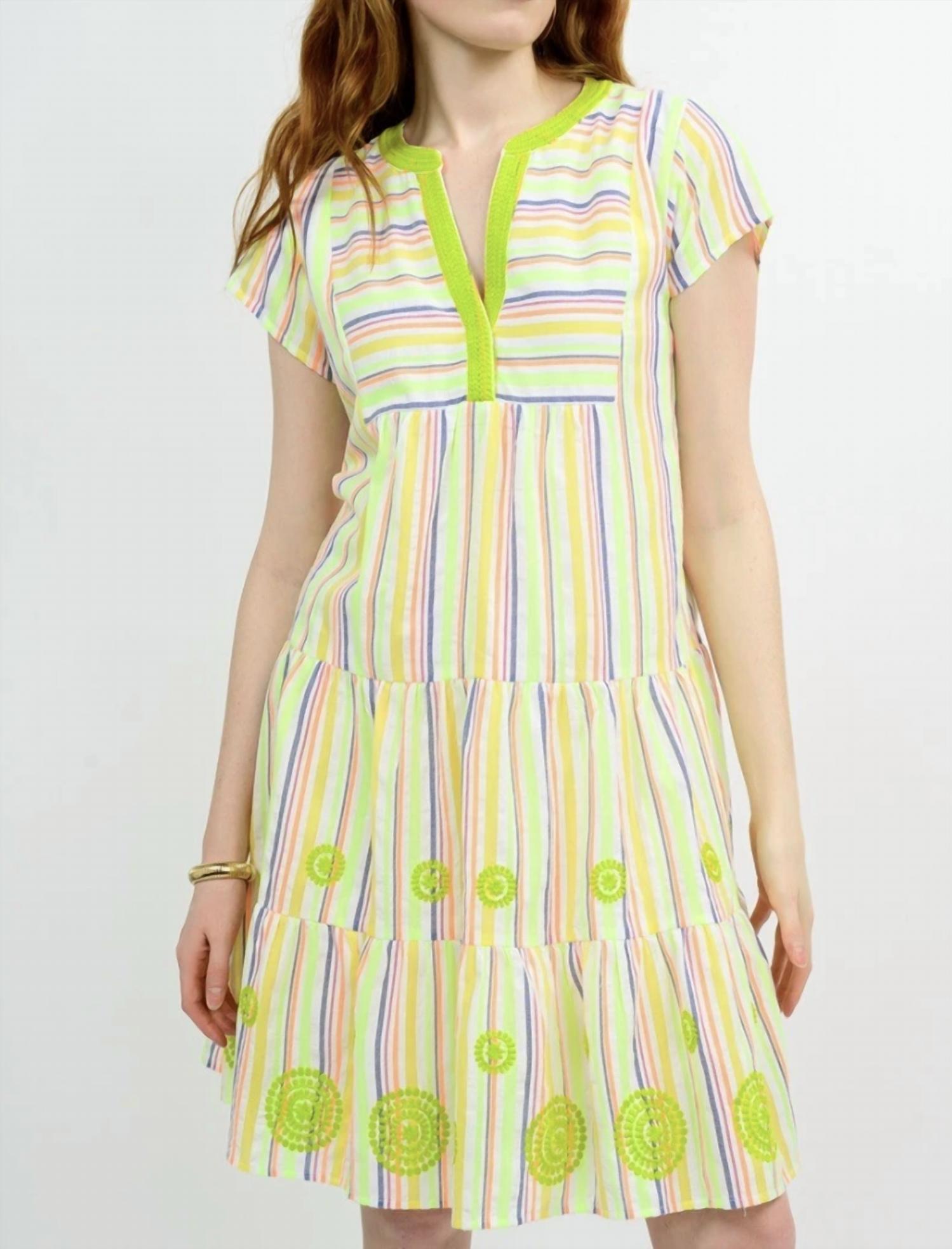 Uncle Frank Cap Sleeve Tiered Dress in lime stripe - women's dress