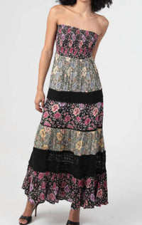 ANGIE Women's Lace Trim Smocked Bodice Maxi Dress in mixed print - women's dress