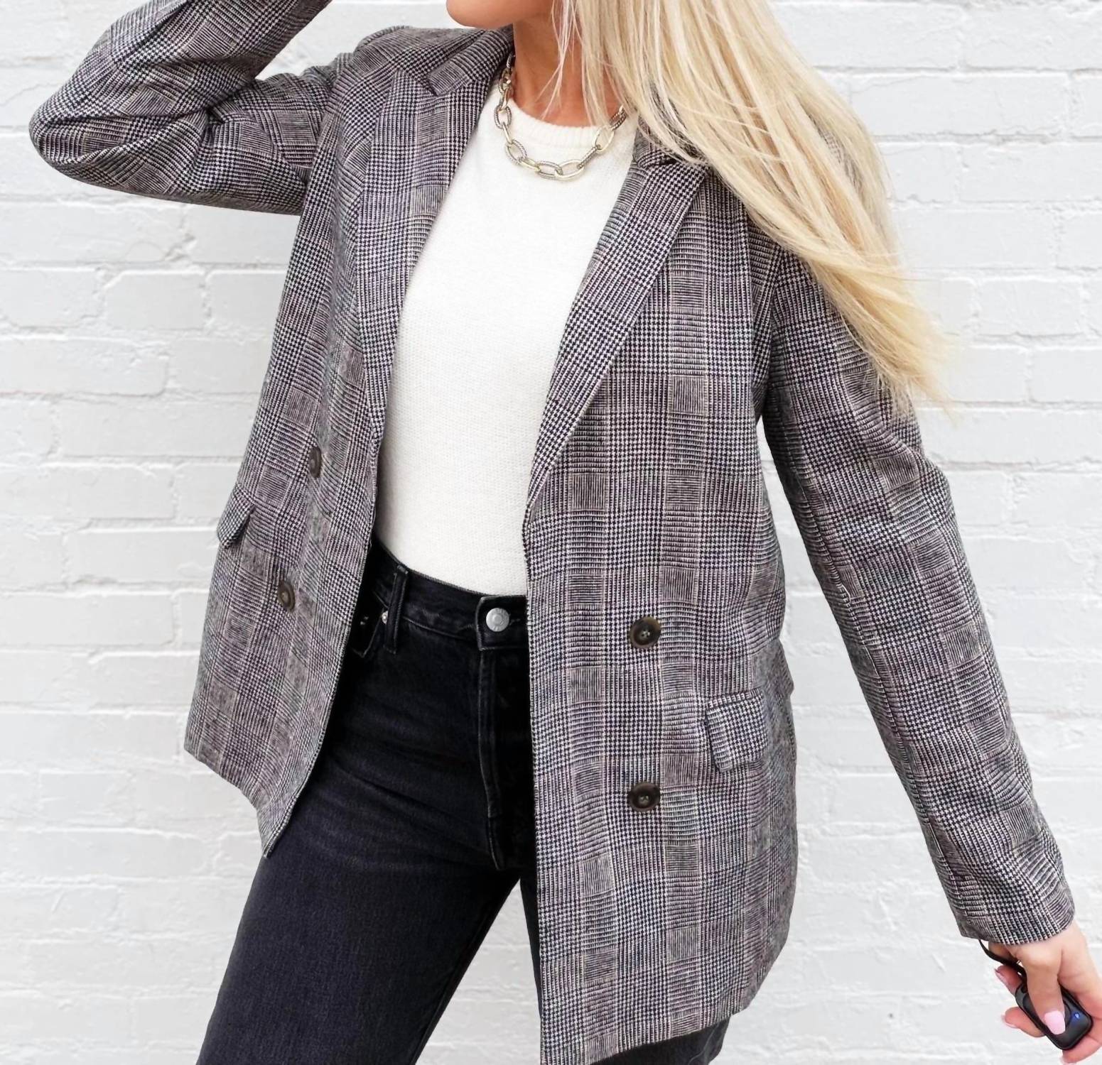 Blu Pepper - Plaid Long Sleeve Front Button Blazer