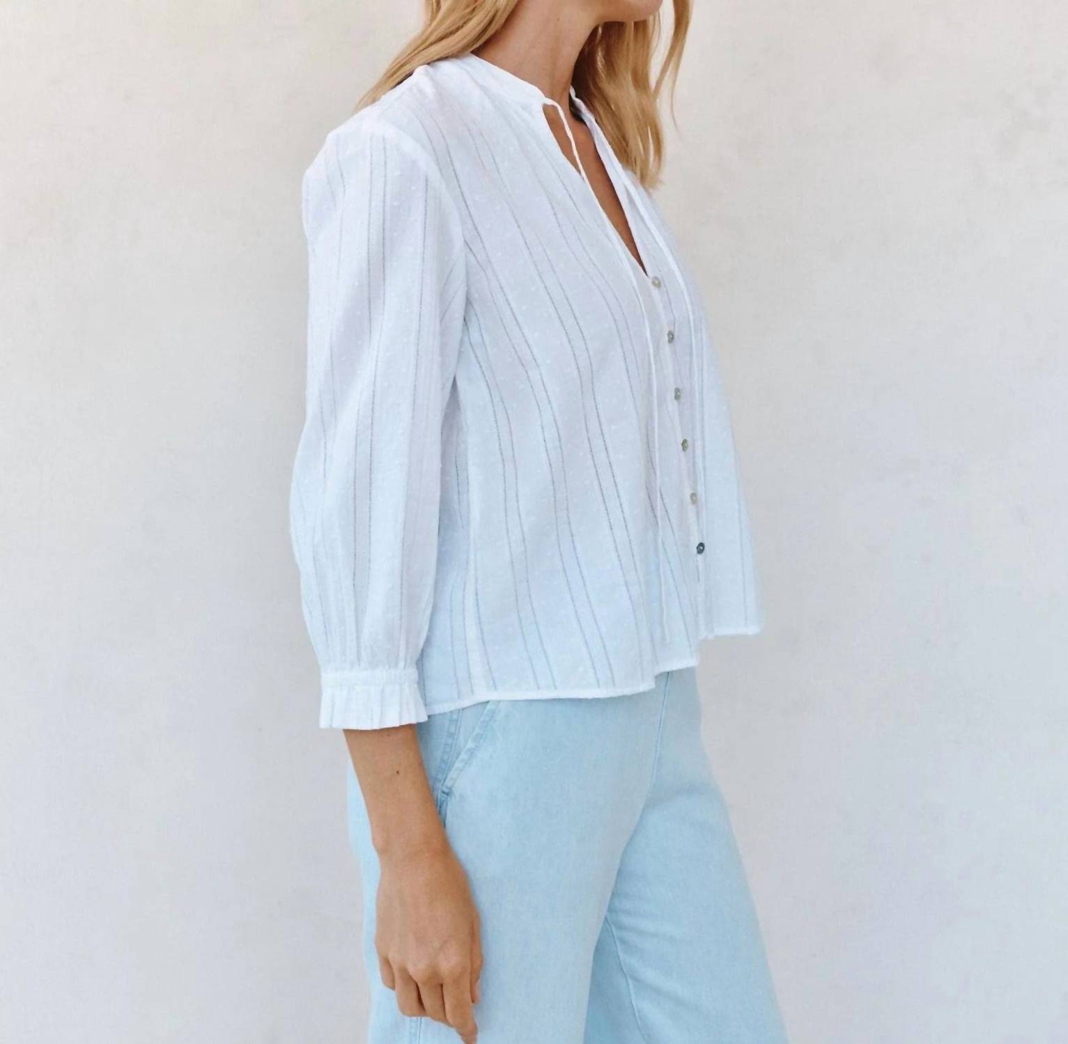 Bella Dahl 3/4 Sleeve Tie Neck Blouse in white - women's shirt - view 4