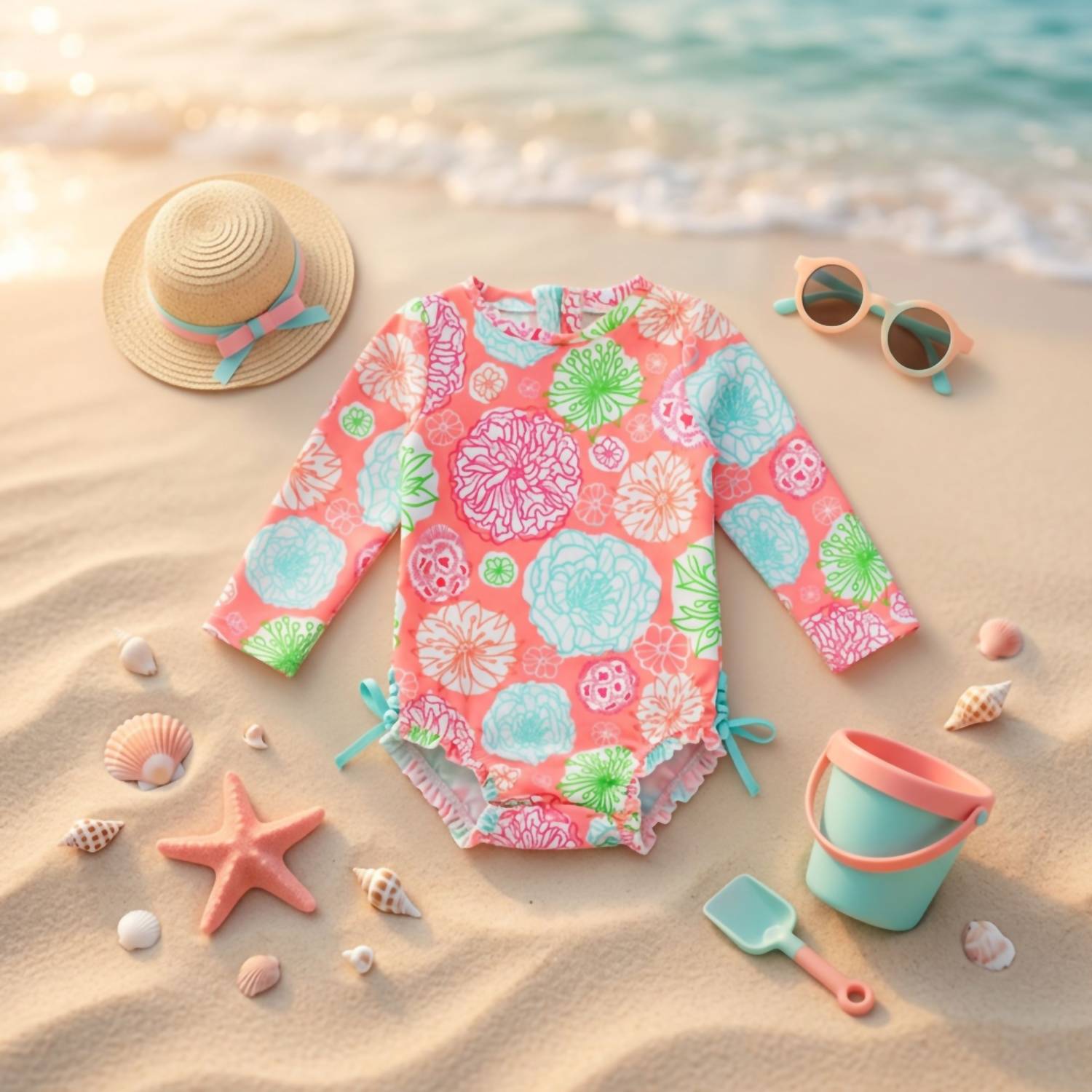 Rufflebutts - Girls' Tropical Gardens Ruffled Rash Guard One Piece Swim Suit