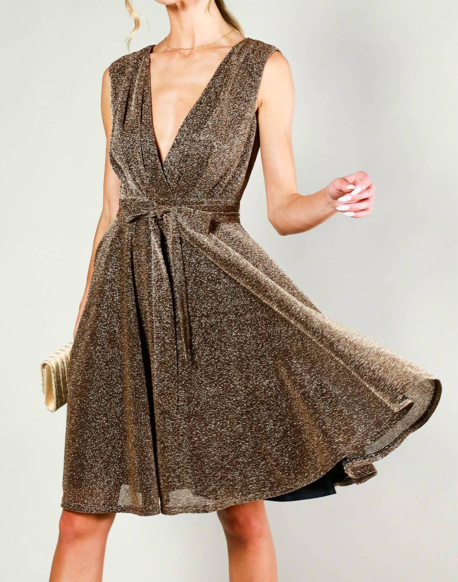 Vine & Love Surplice V-neck Sleeveless Tie Waist Dress in bronze - women's dress - detail view