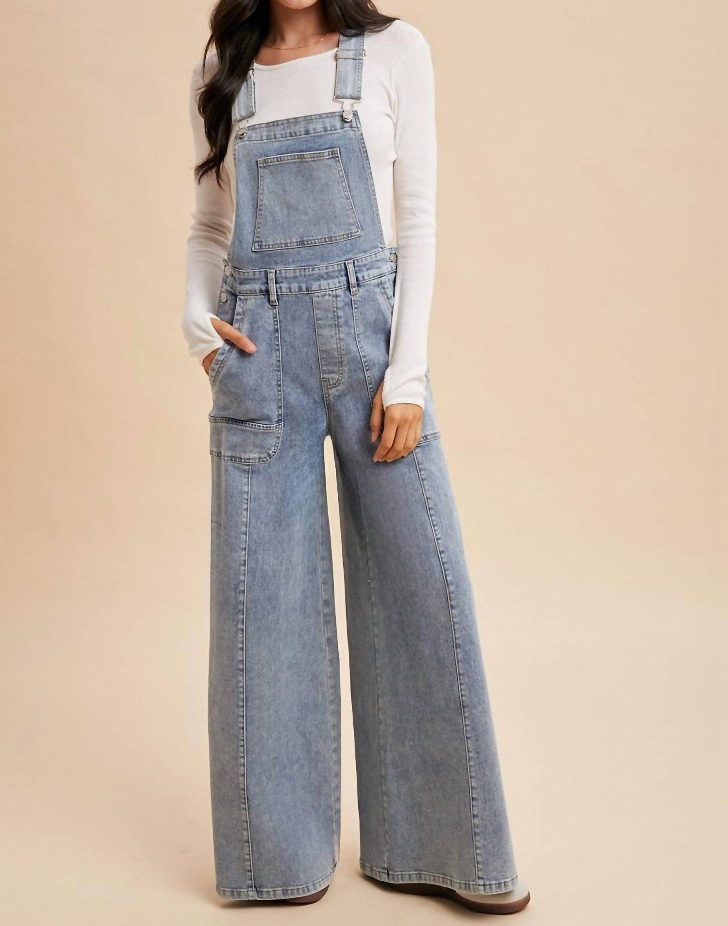 AnnieWear Wide Leg Palazzo Denim Overalls in medium wash - women's pants