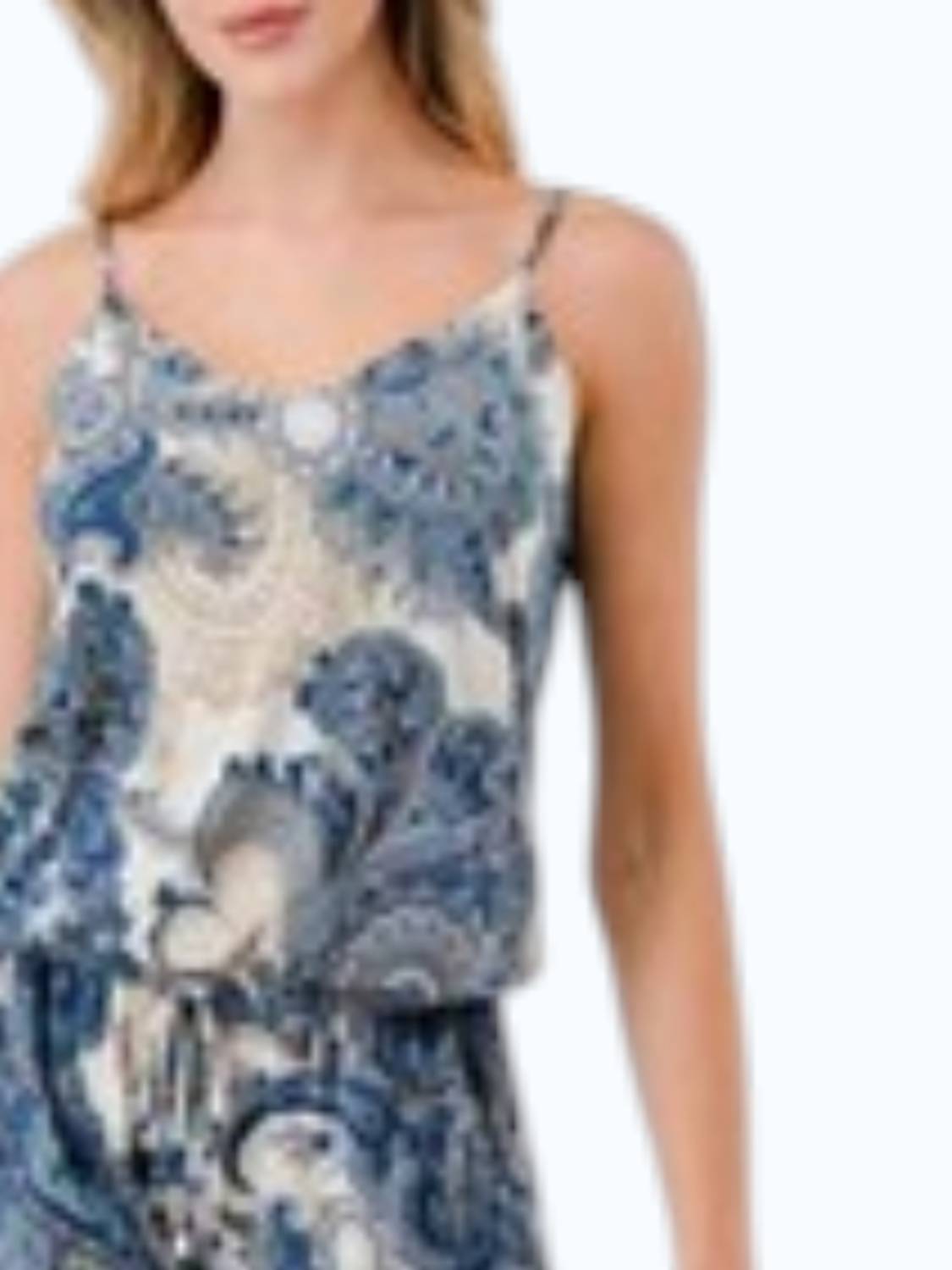 ariella Paisley Jumpsuit in white blue tan - women's pants - detail view