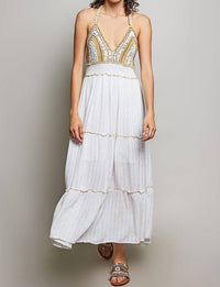 Pol - Corfu Crochet Sequin Metallic Halter Maxi Dress