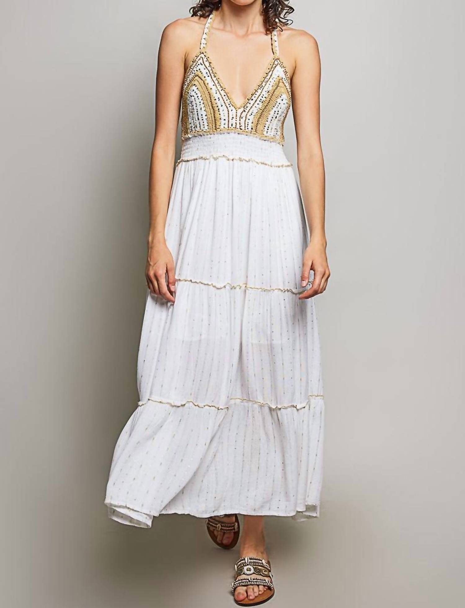 Pol - Corfu Crochet Sequin Metallic Halter Maxi Dress
