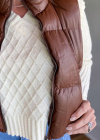 Double Zero Fireside Zip Up Puffer Vest in brown - women's jacket - detail view